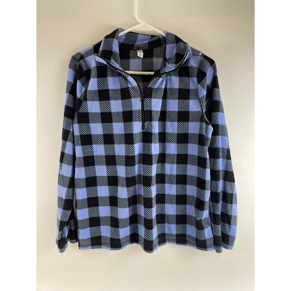 Exertek Sweater Women's Size Medium Blue Black Plaid Pullover Fleece 1/3 Zipped